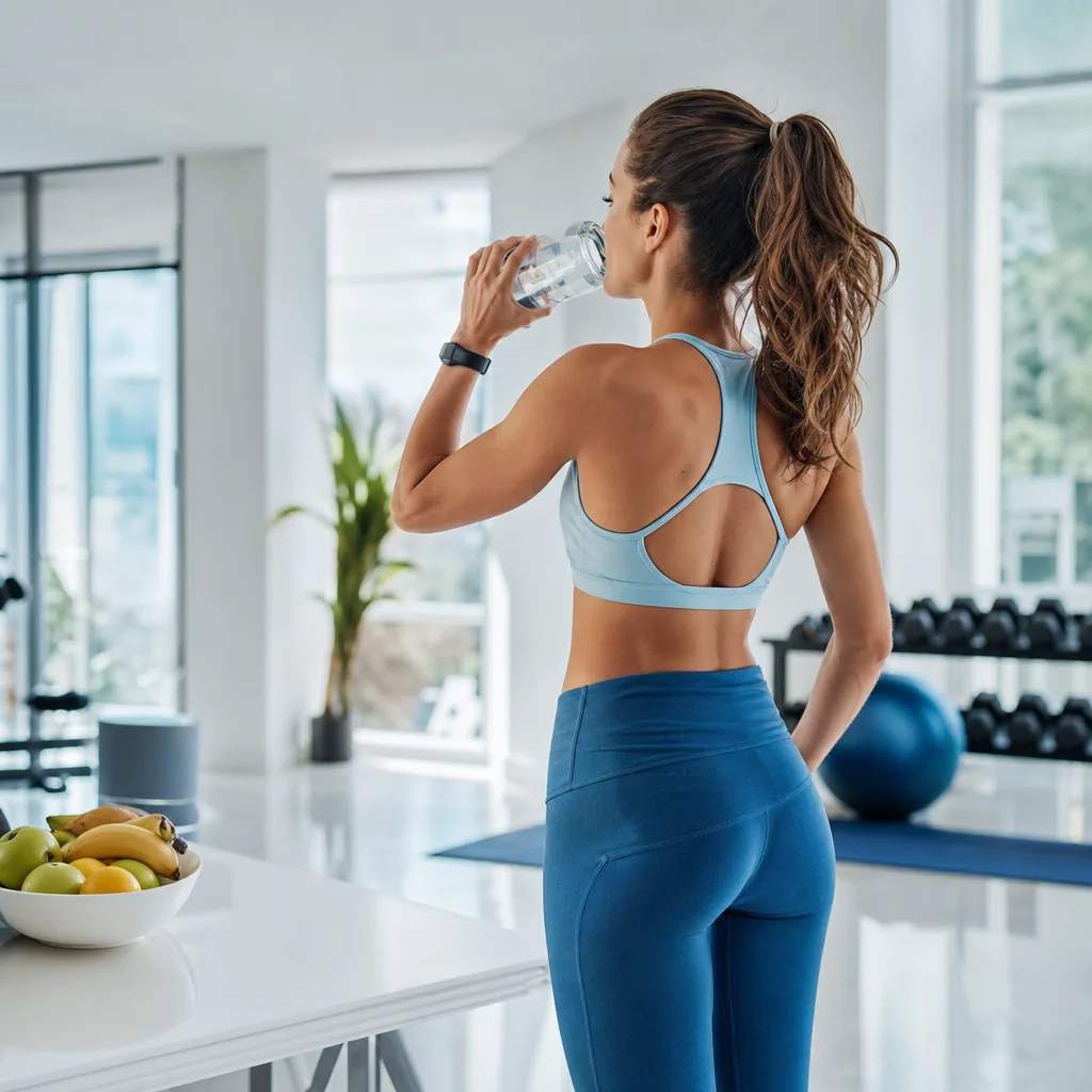 Woman drinking water before starting a workout in a bright home gym