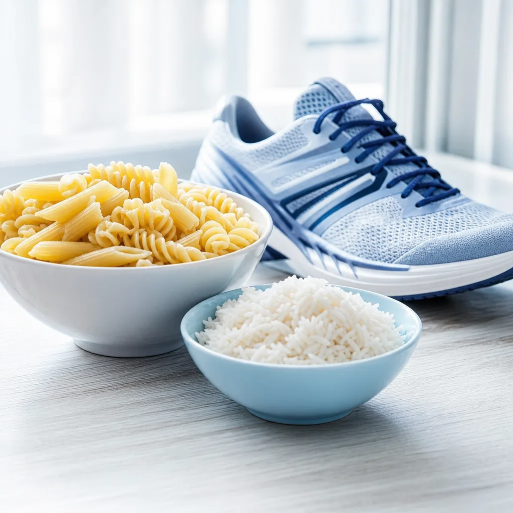 bowl of cooked pasta and rice next to a running shoe on a wooden floor