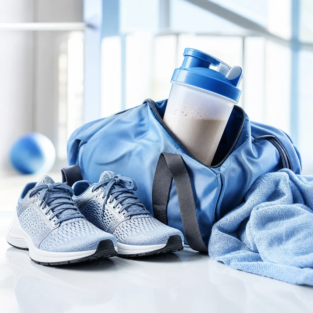protein shaker bottle in a sports bag next to running shoes