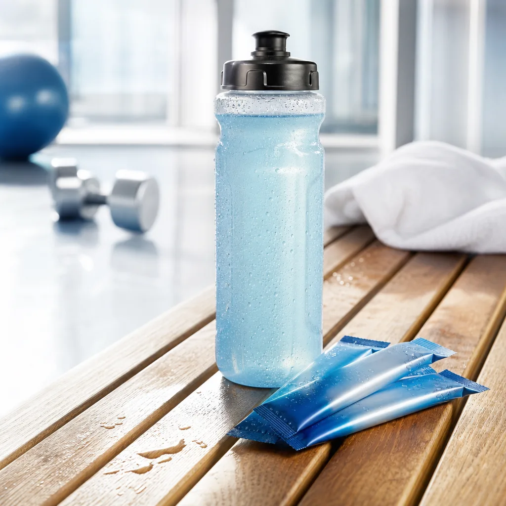 sports drink bottle and electrolyte powder sachets on a wooden bench