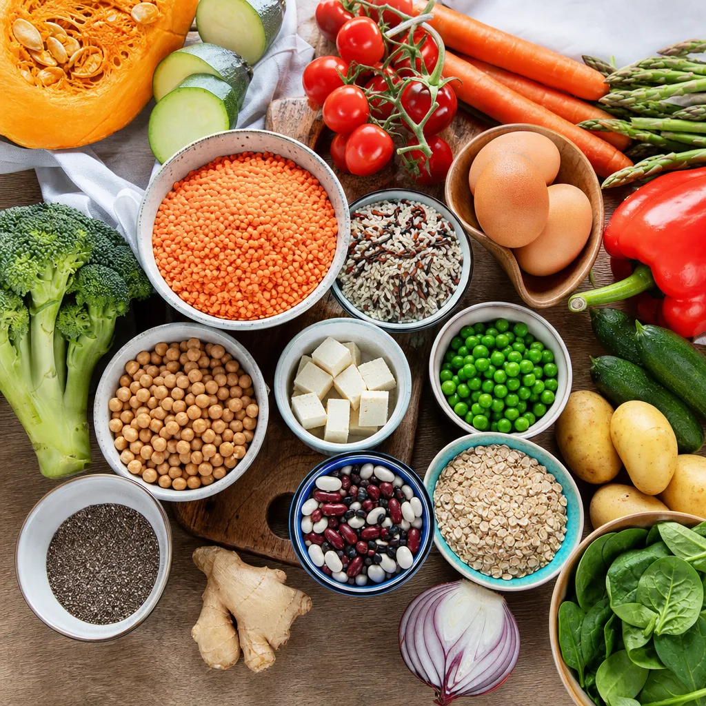 colorful flat lay of vegetables, legumes, eggs and grains on a wooden table, overhead light