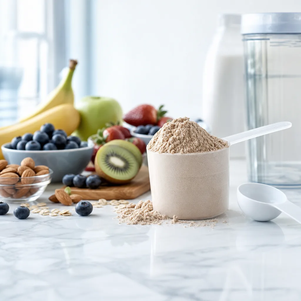 scoop of protein powder beside fresh fruit and a measuring spoon on light marble surface