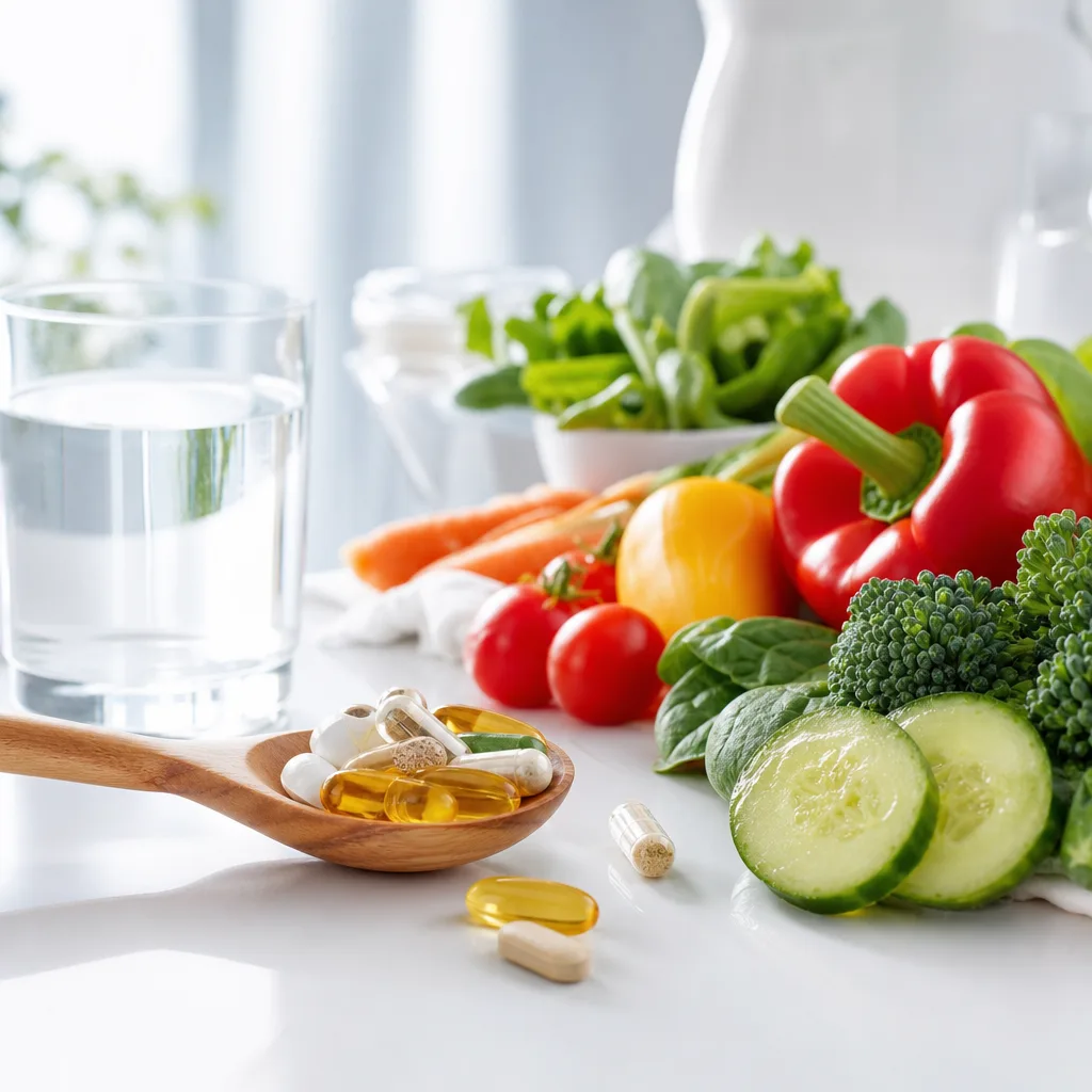 assorted supplement capsules on a wooden spoon next to fresh vegetables, soft natural light
