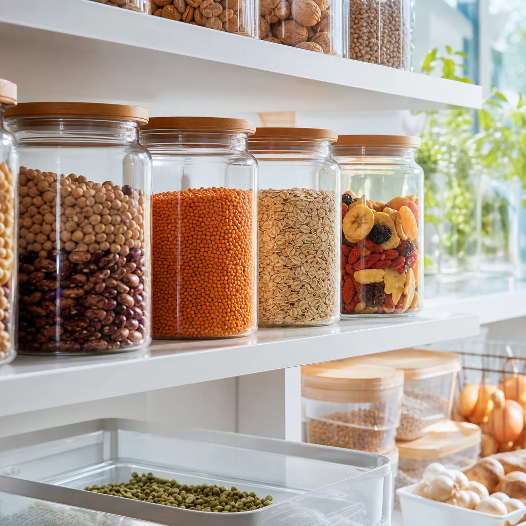 pantry shelf with glass jars of legumes, oats and dried fruit, warm natural light