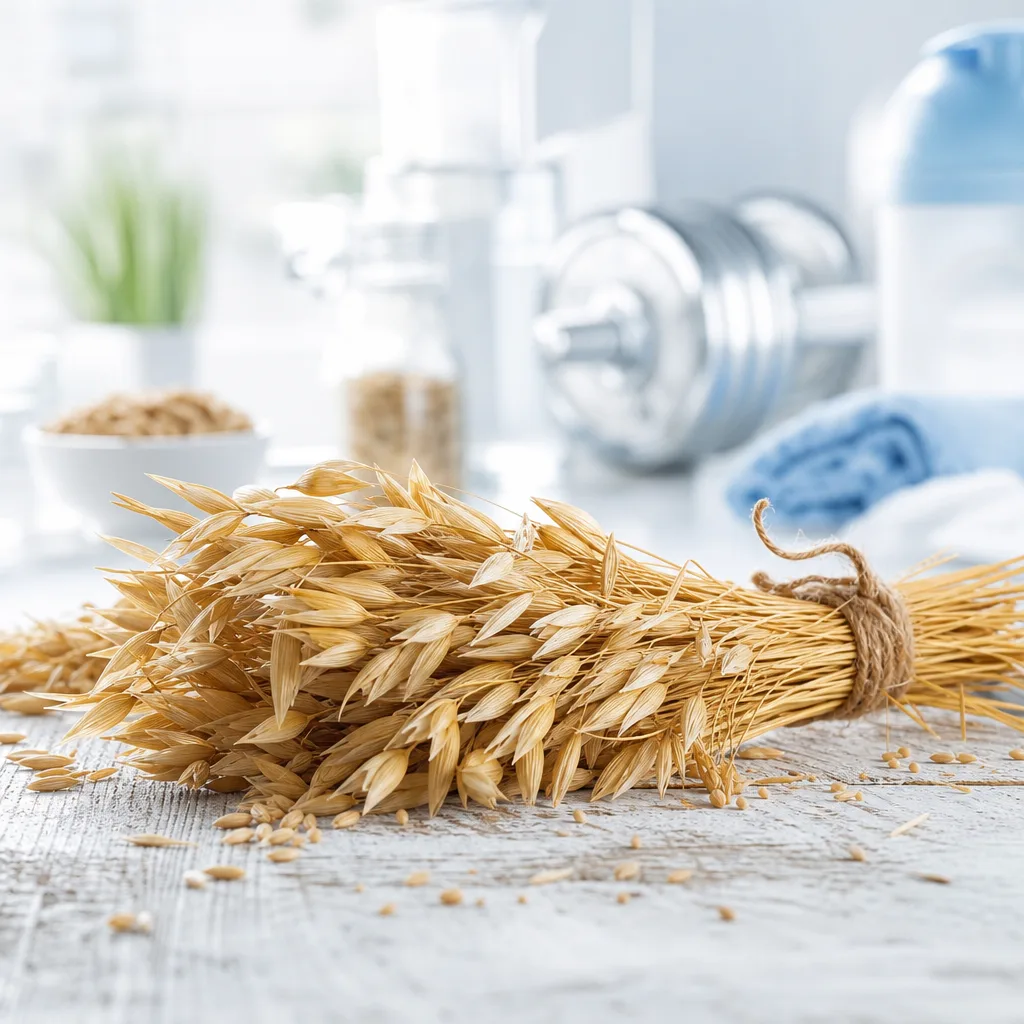 golden oat stalks bundled together on a rustic wooden table