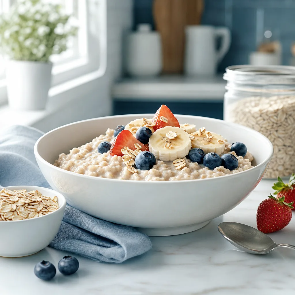 bowl of cooked oat porridge topped with fruit on a kitchen table, morning light