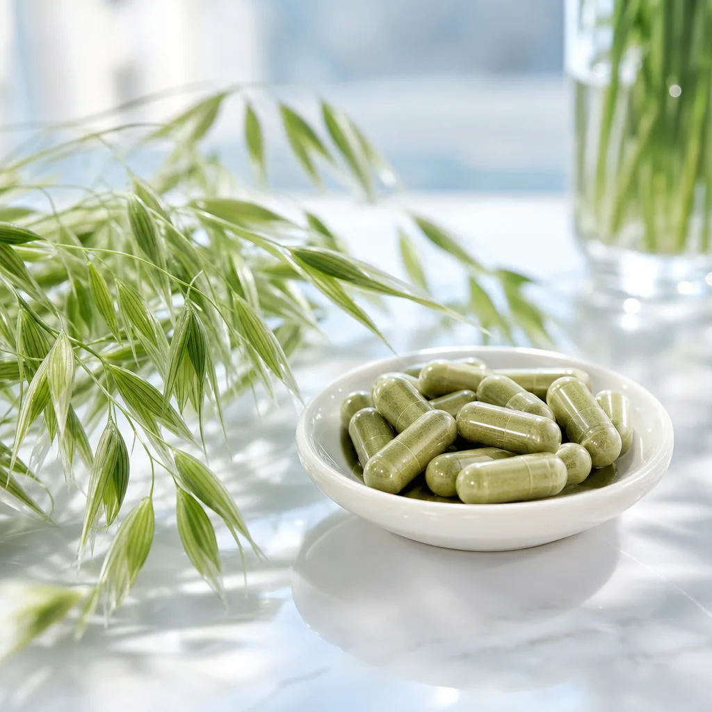 green oat extract capsules in a small dish next to fresh oat stalks
