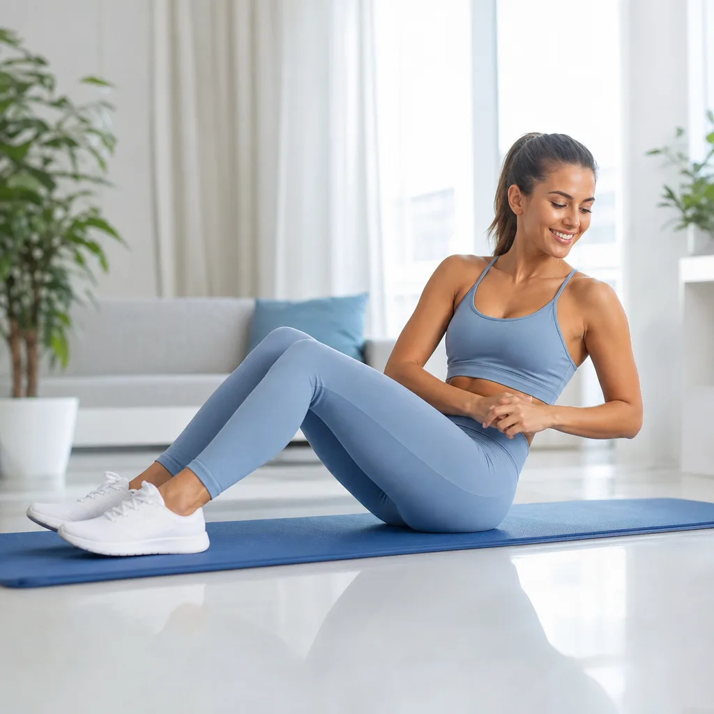 Smiling woman doing a russian twist exercise on a mat in a bright living room