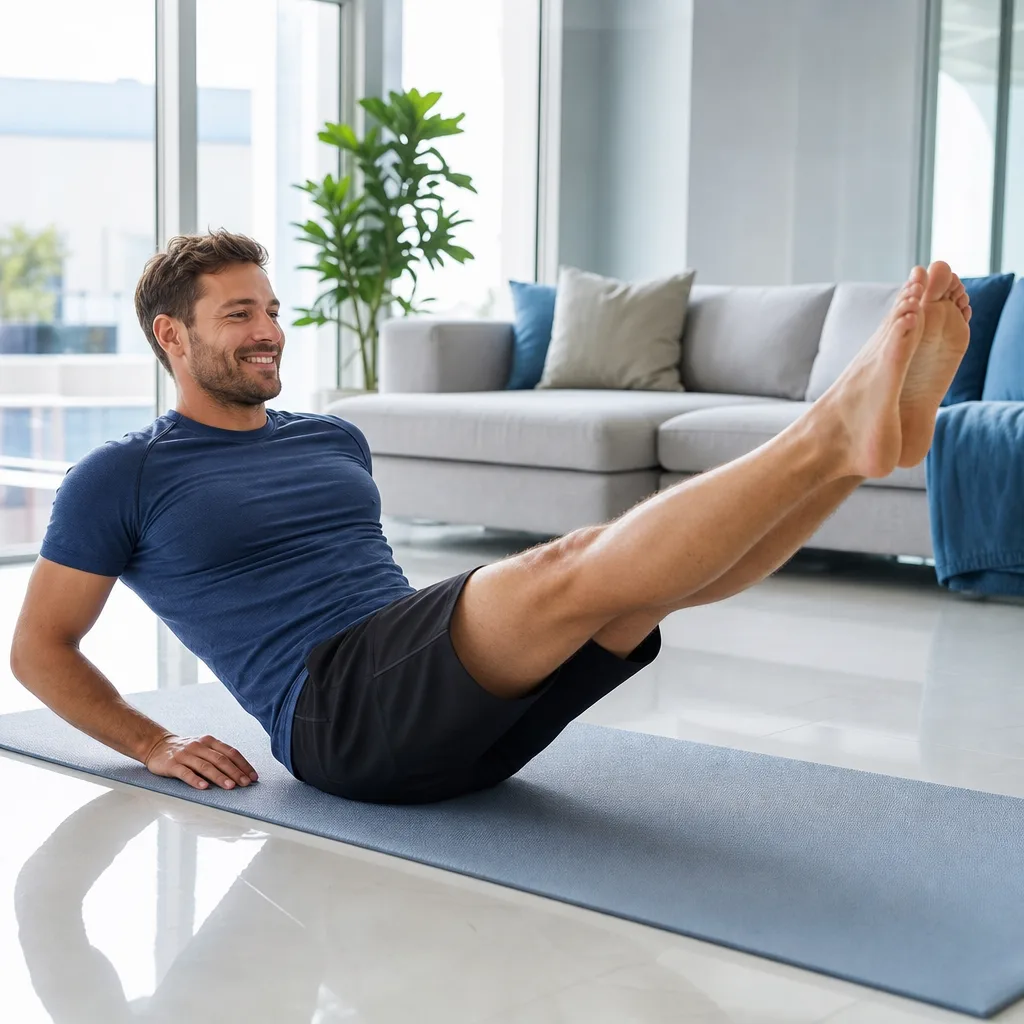 Smiling man doing a leg raise exercise on a mat in a bright living room with natural light