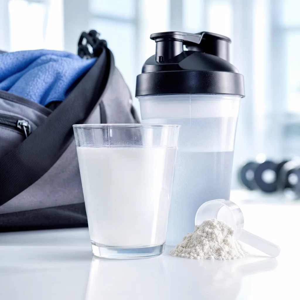 white BCAA powder in a glass with a shaker bottle on a gym bag