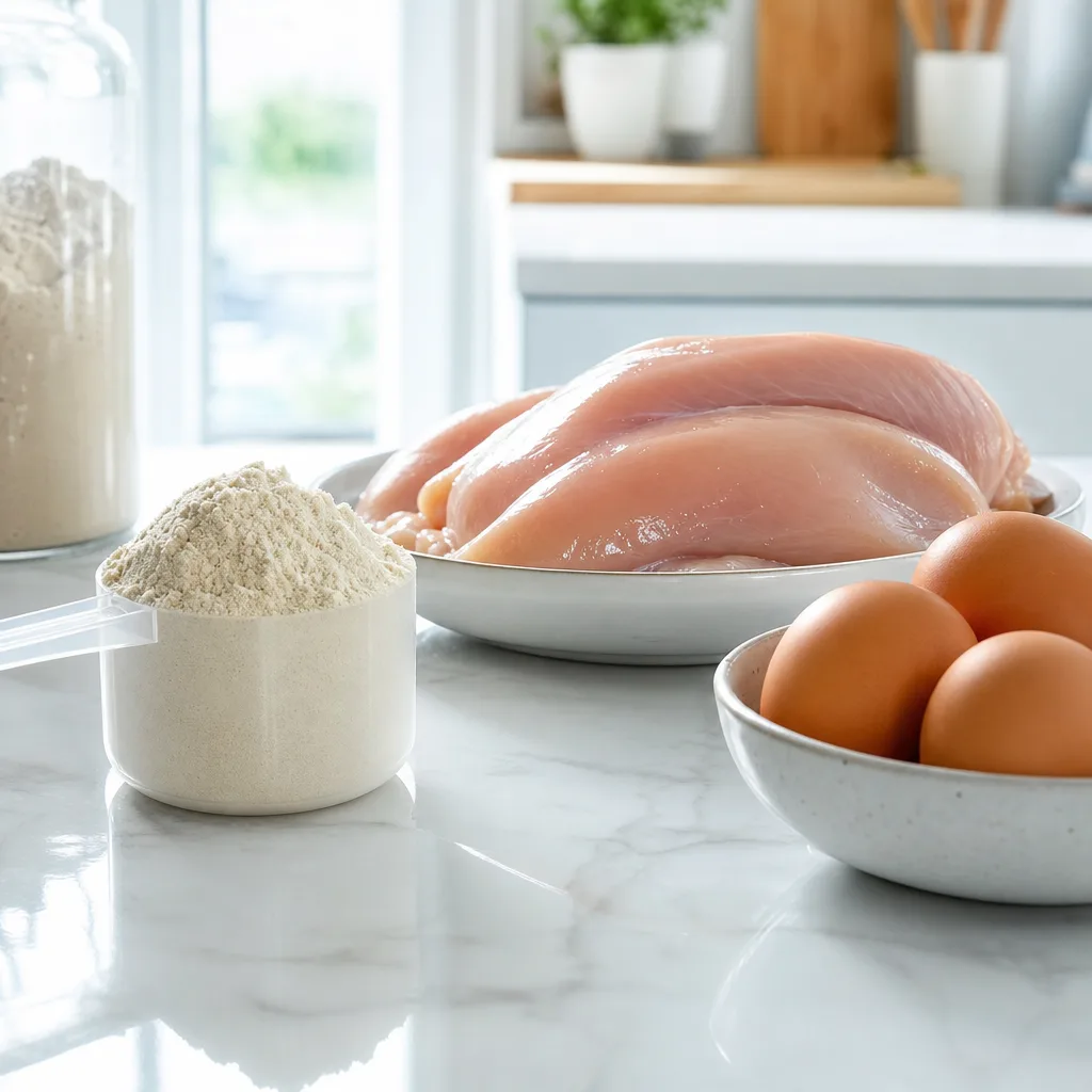 scoop of protein powder next to raw chicken breast and eggs on a kitchen counter