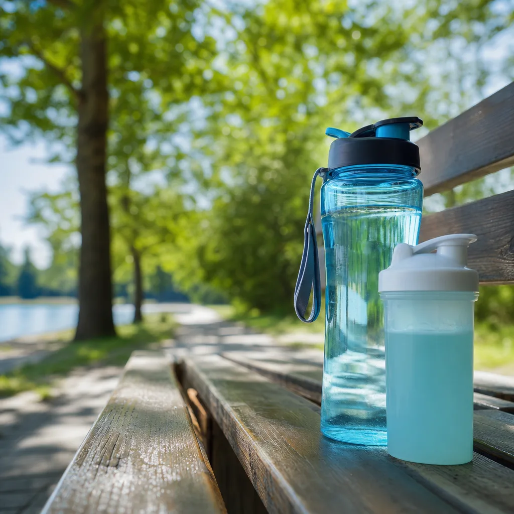 runner's water bottle and small supplement shaker on a park bench outdoors