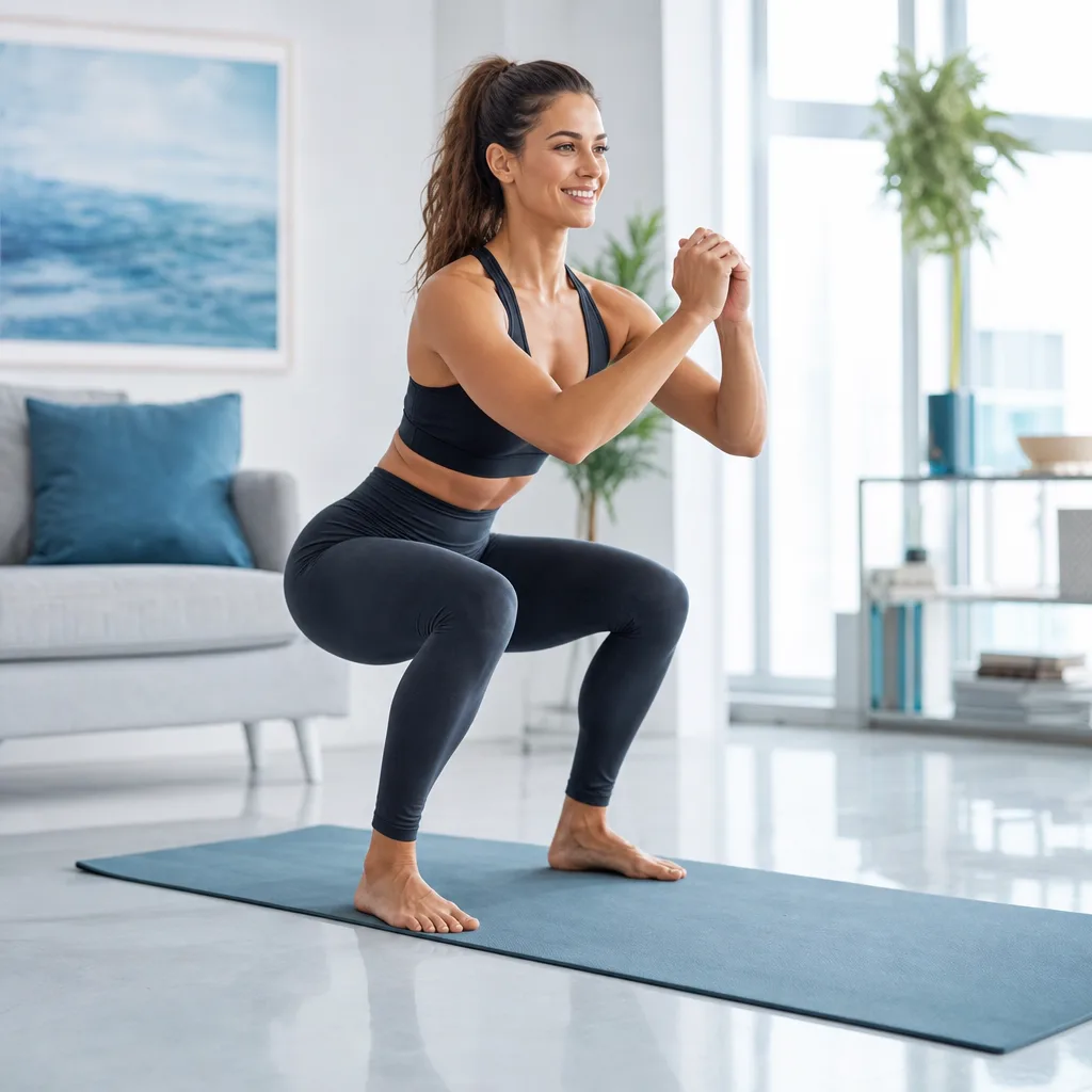 Athletic smiling woman in dark leggings doing a bodyweight squat on a yoga mat in a bright living room