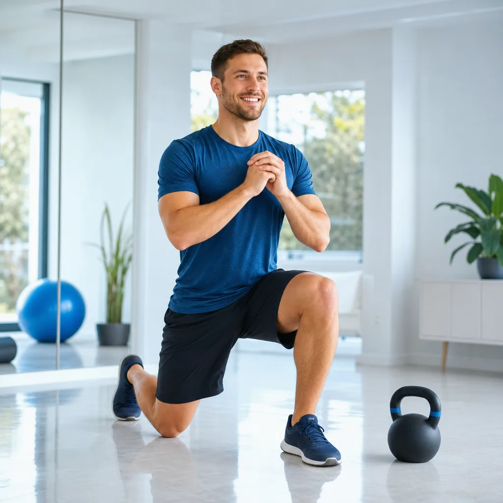 Smiling man in sportswear performing a lunge in a bright home gym with a kettlebell nearby