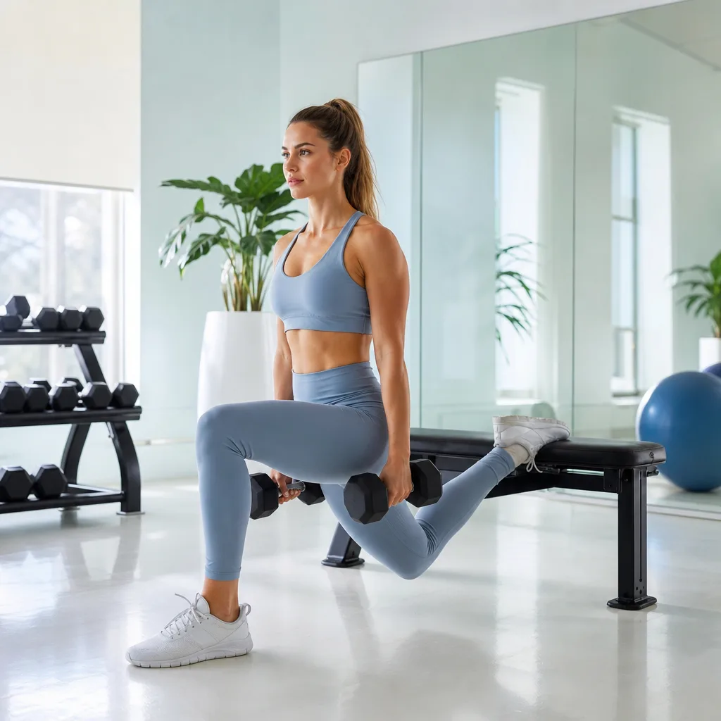 Athletic woman in sportswear doing a bulgarian split squat with dumbbells in a bright home gym