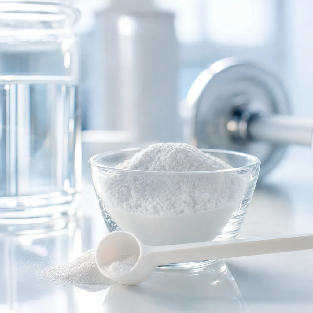 white beta alanine powder in a small glass bowl with a measuring scoop