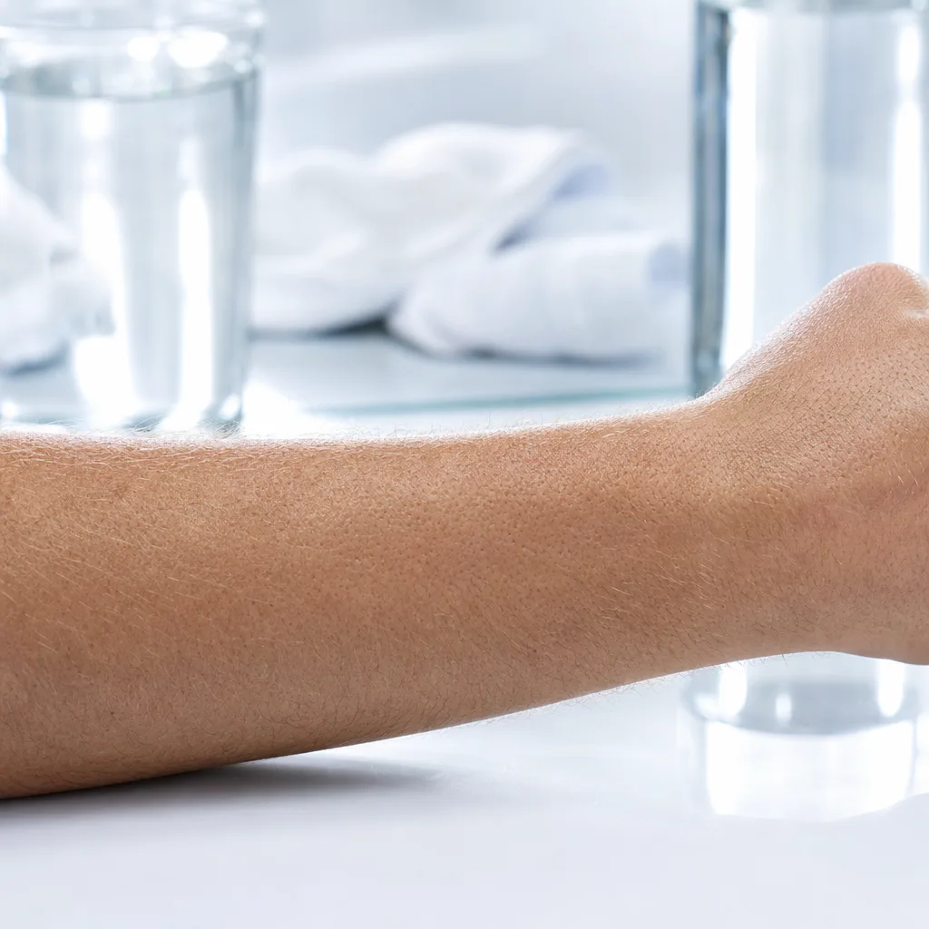 person's forearm skin close up in soft studio light, no face visible