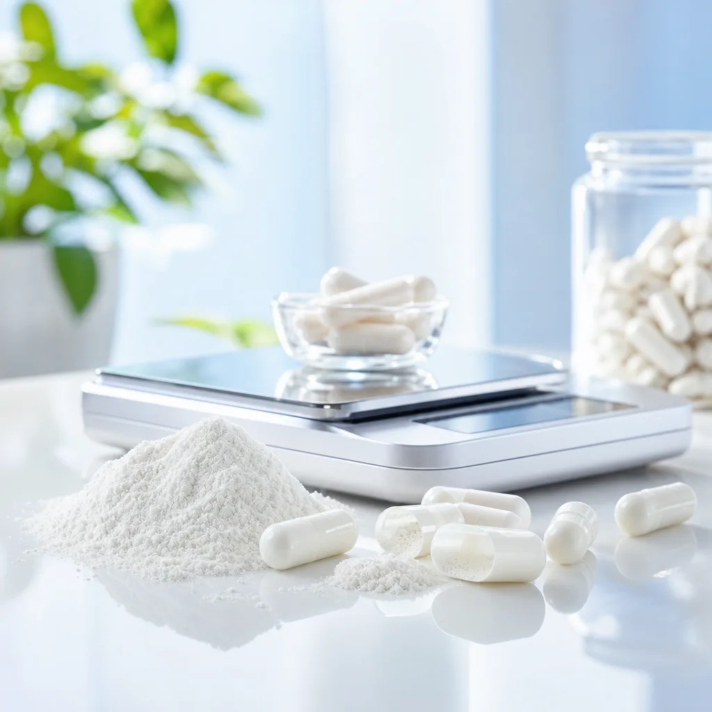 open capsules and loose powder supplement next to a small kitchen scale