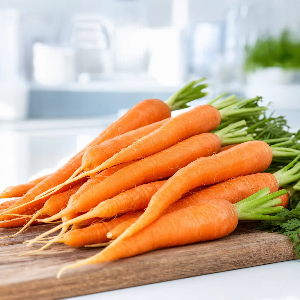pile of fresh orange carrots on a wooden surface with natural daylight