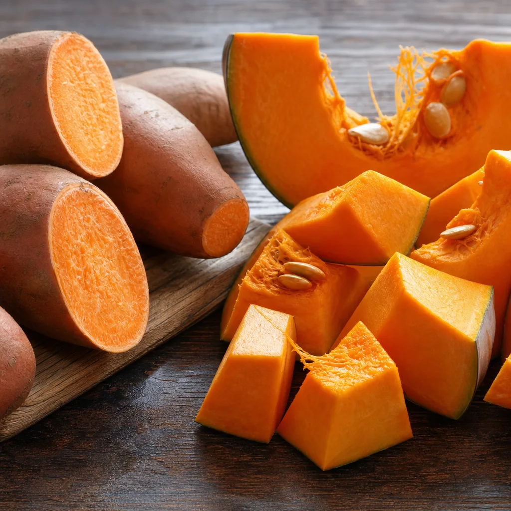 halved sweet potatoes and pumpkin pieces on a dark wooden table, warm natural light