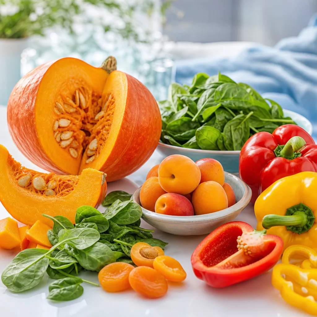 colorful flat lay of pumpkin, spinach, apricots and bell peppers on a table