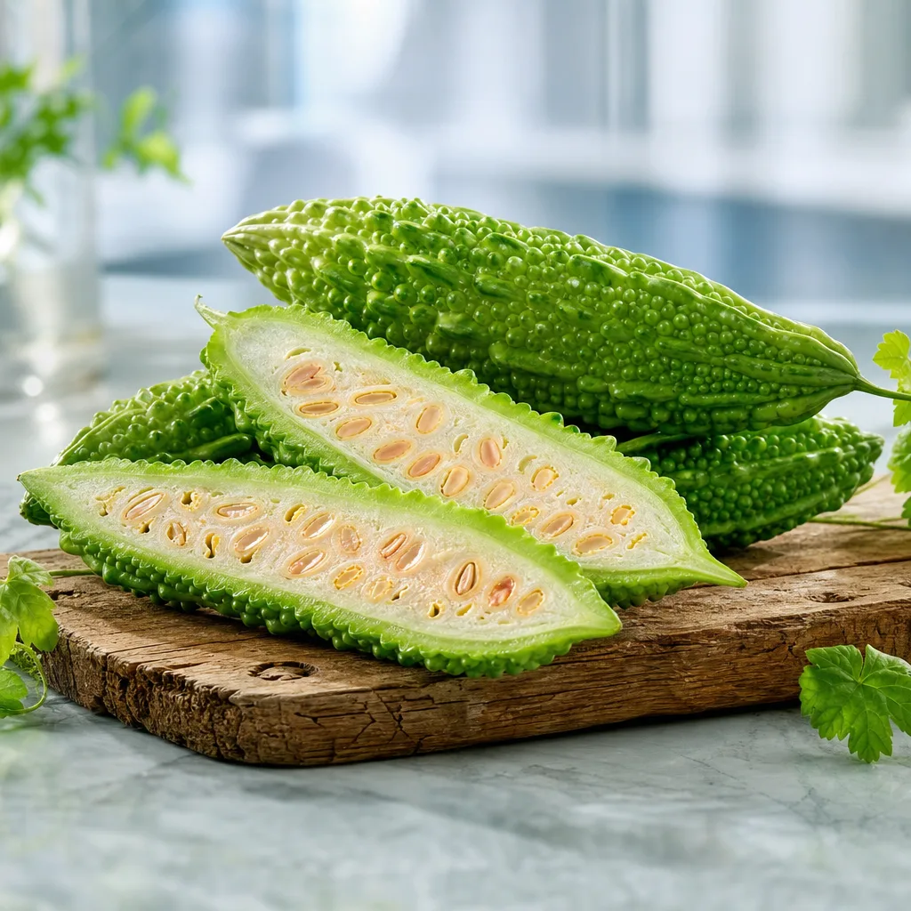 whole and halved bitter melon fruit with visible seeds on a rustic wooden board