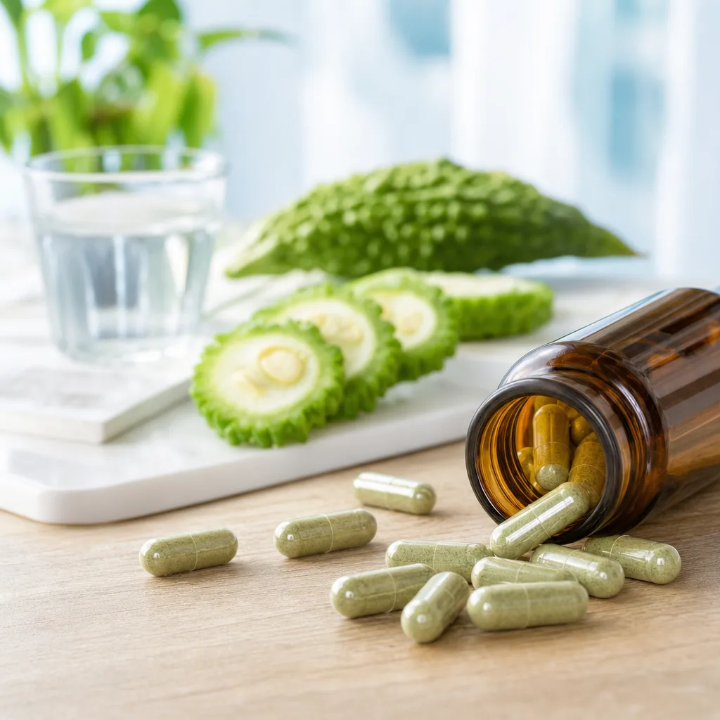 bitter melon capsules spilling out of a small amber glass bottle on a wooden table