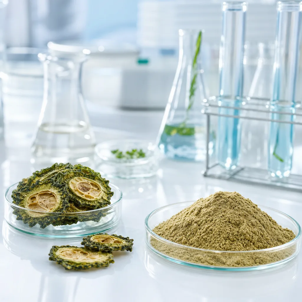dried bitter melon slices and powder in small glass bowls, laboratory style close up