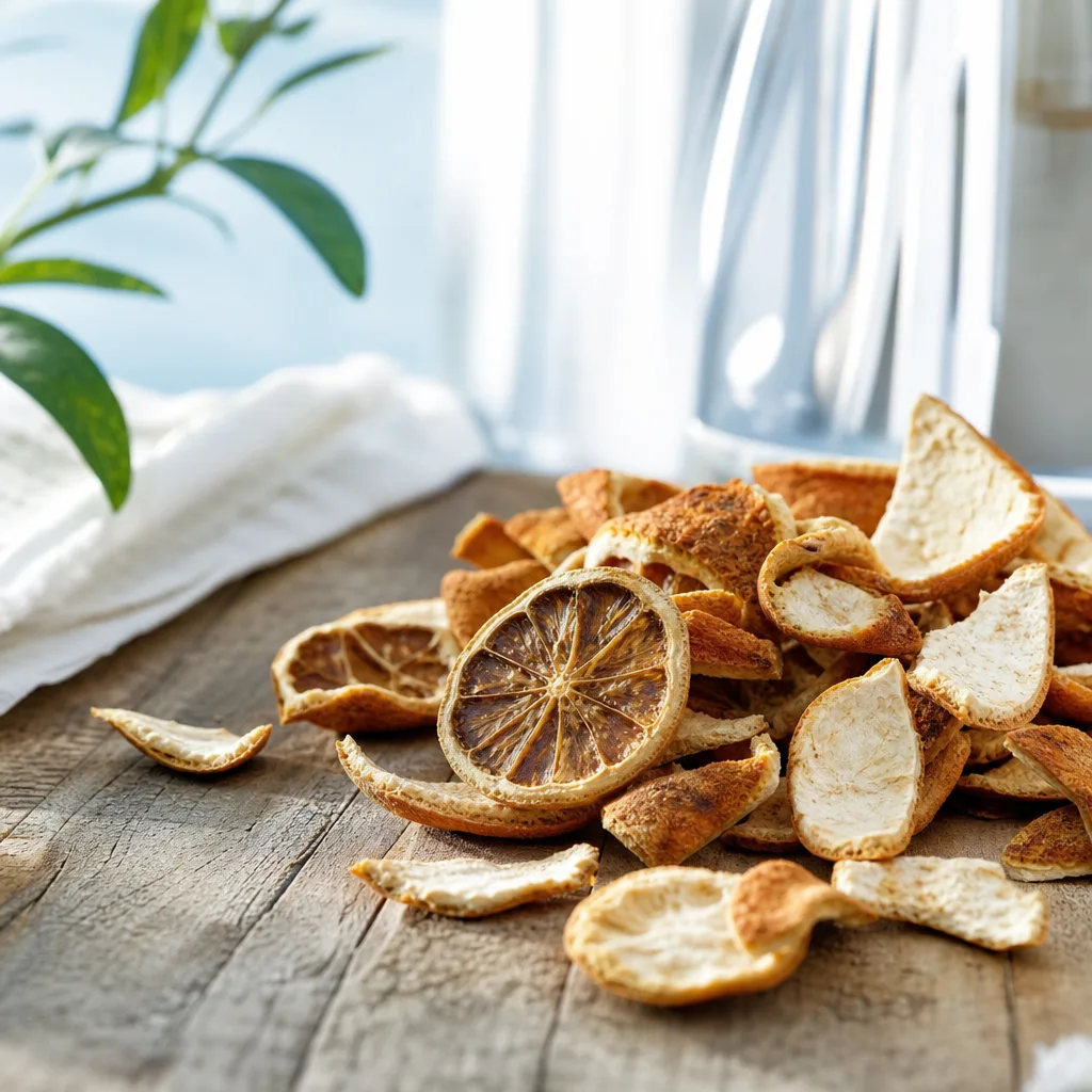 dried bitter orange peel slices on a rustic wooden table