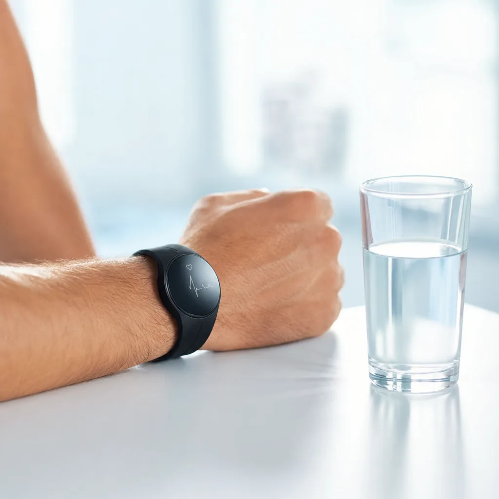 heart rate monitor watch on a wrist next to a glass of water