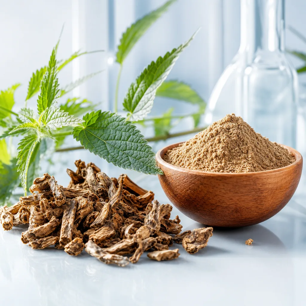 dried nettle root pieces and powder in a small wooden bowl
