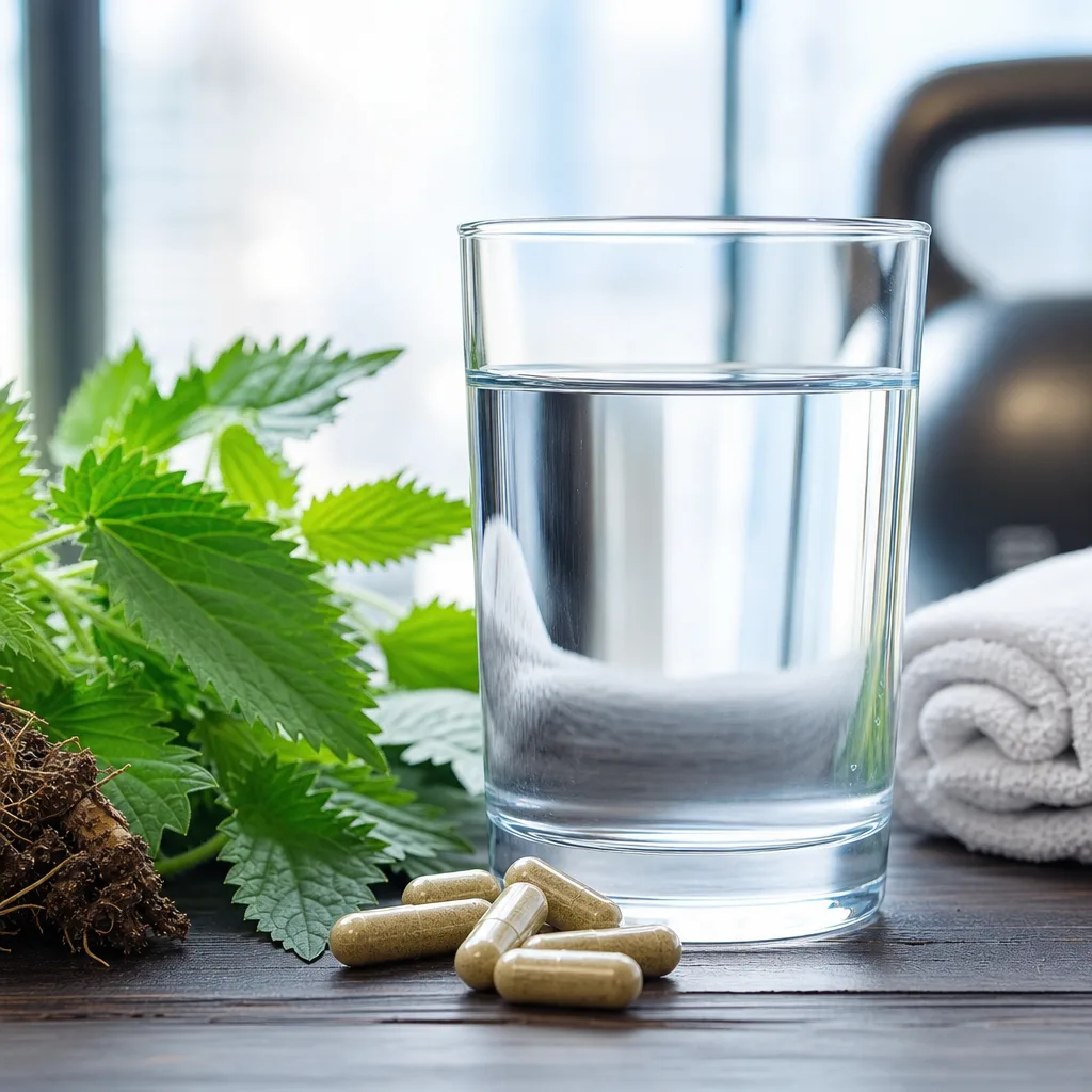 herbal capsules on a dark wooden surface next to a glass of water