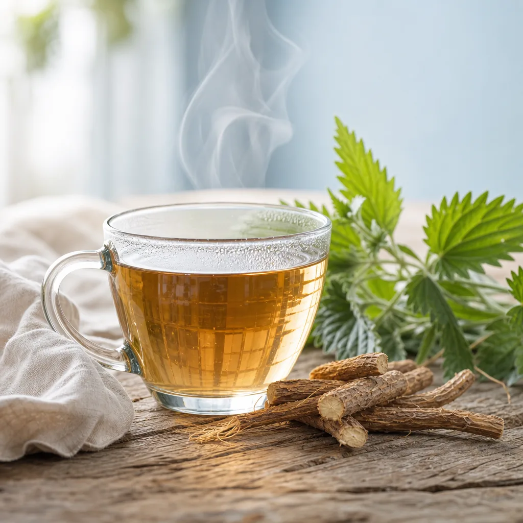 cup of herbal root tea steaming on a rustic wooden table