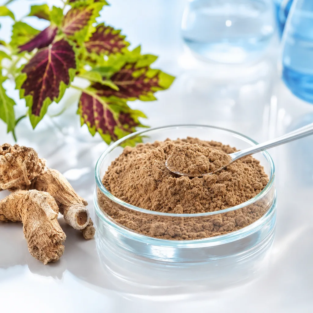 dried herbal root extract powder in a small glass dish with a spoon
