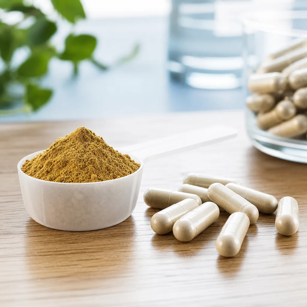 scoop of herbal extract powder next to empty capsules on a wooden table