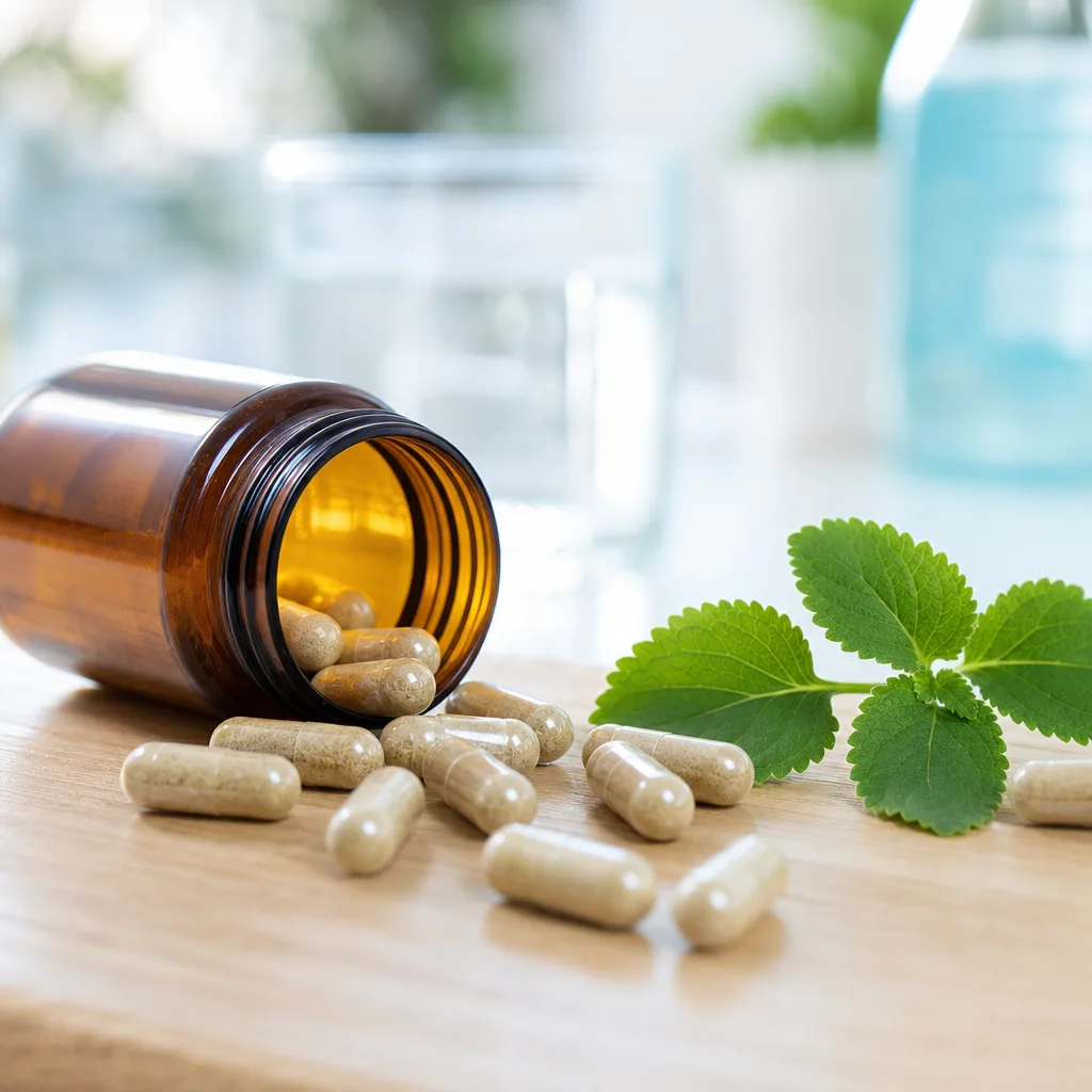 herbal capsules spilling out of a small amber bottle on a wooden surface