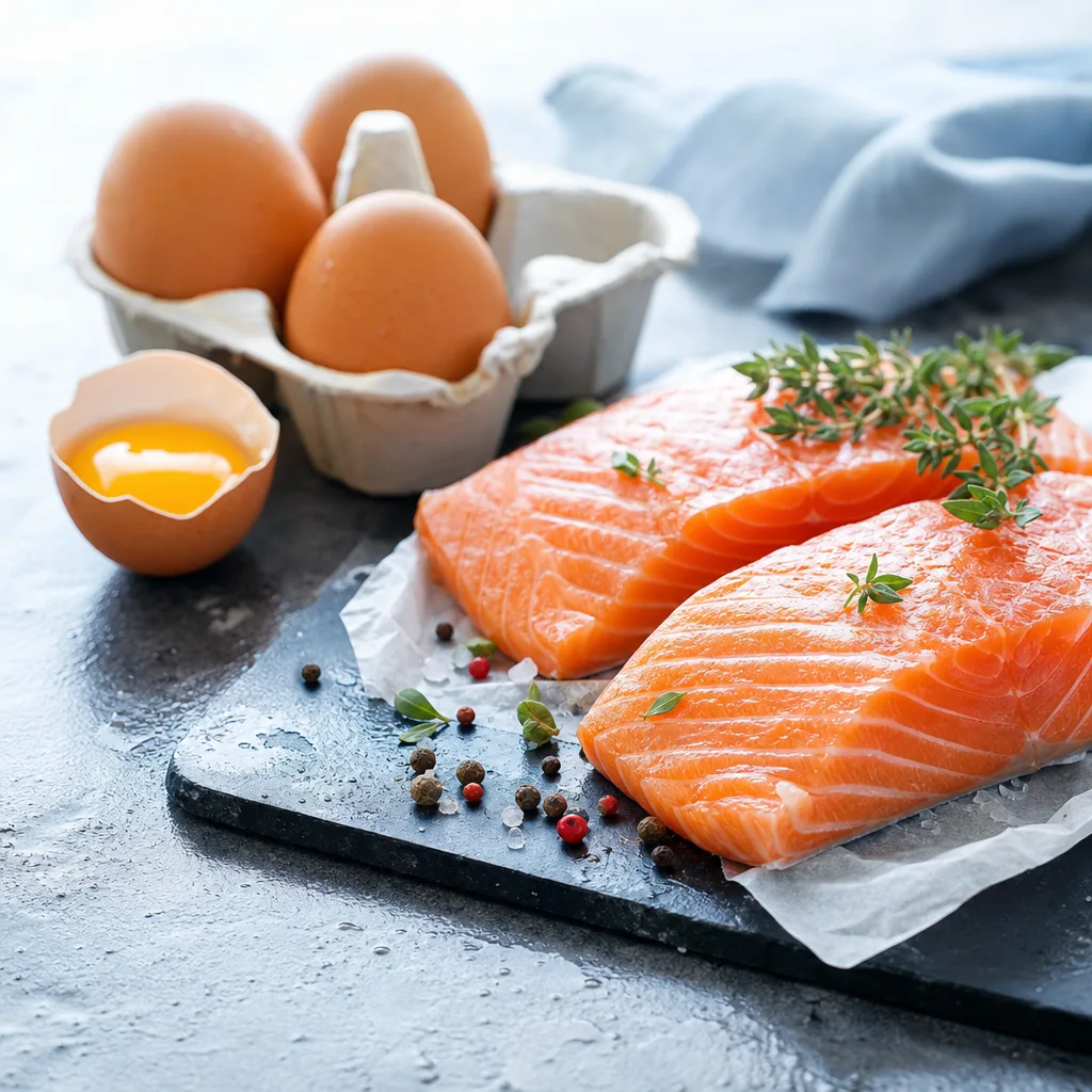 fresh fatty fish fillet and eggs on a dark stone kitchen surface
