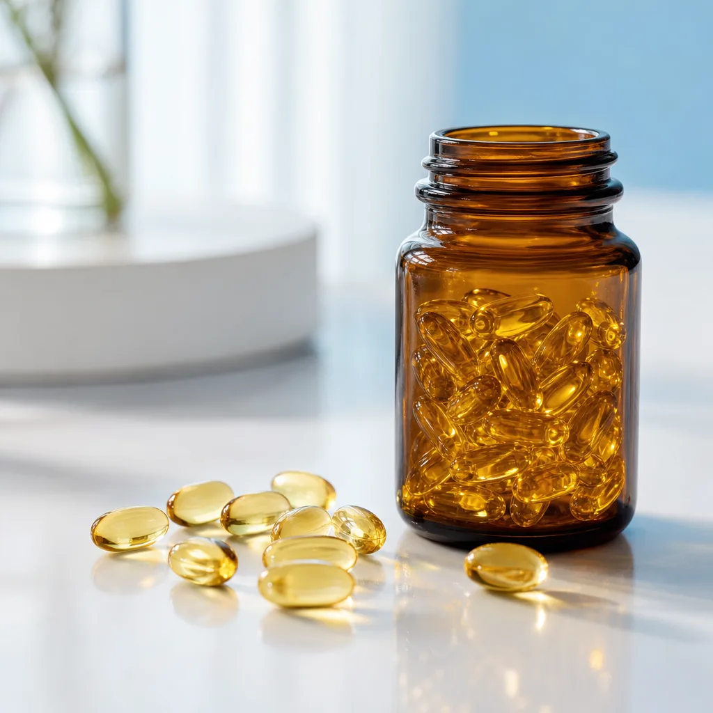 amber glass supplement bottle with softgel capsules on a light background