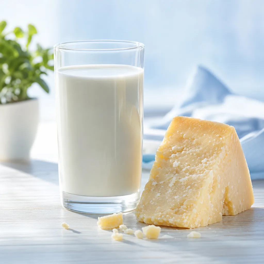 glass of milk and a wedge of hard cheese on a wooden table, soft daylight