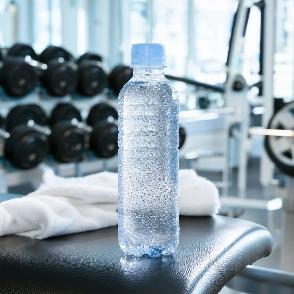 close up of mineral water bottle with condensation on a gym bench