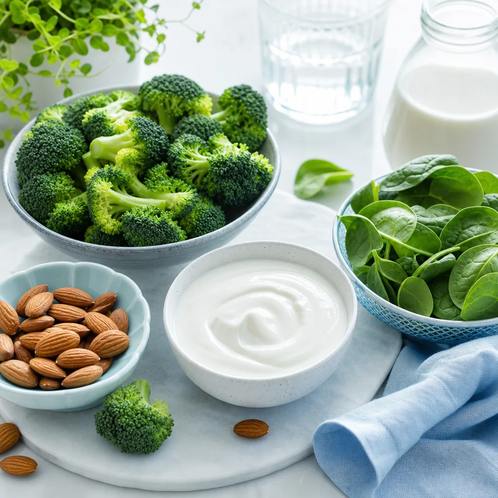 flat lay of yogurt, broccoli, almonds and leafy greens on a light table