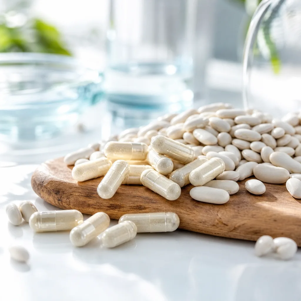 white bean extract capsules arranged on a wooden board with dried beans