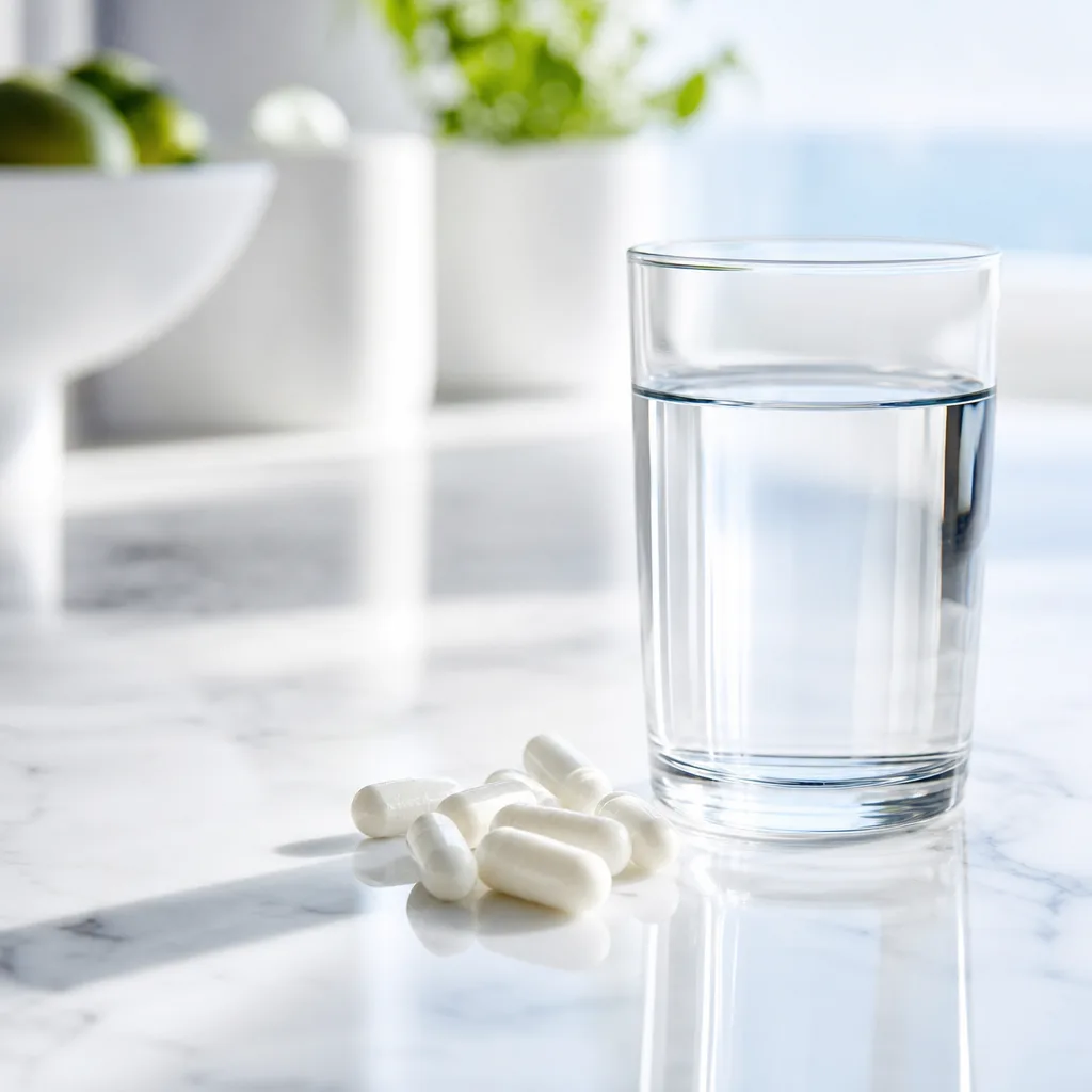 glass of water next to supplement capsules on a light kitchen counter