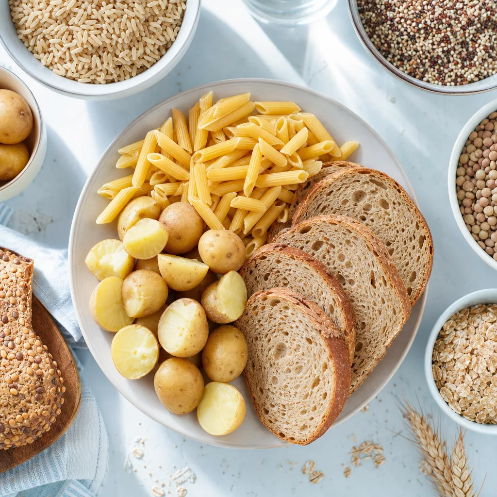 plate with pasta, potatoes and bread as a flat lay of starchy foods