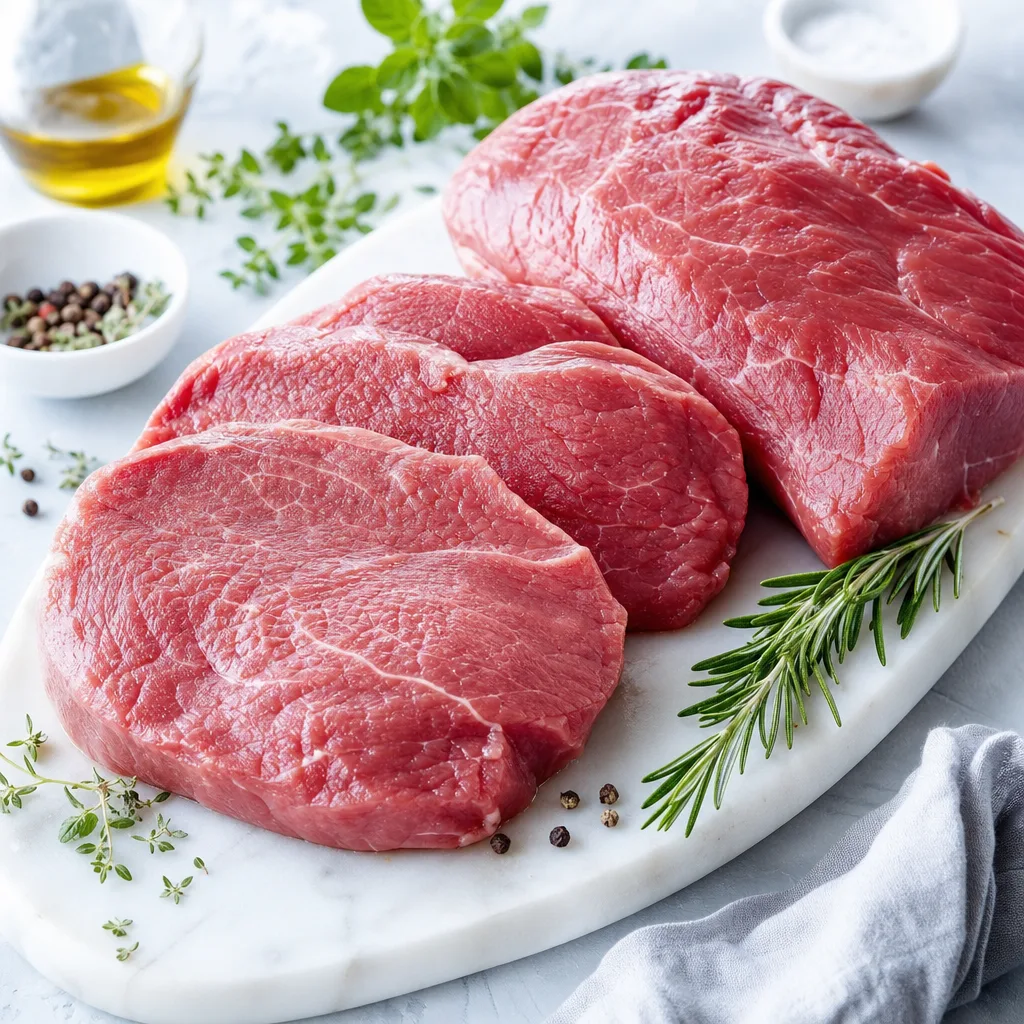 raw lean meat on a cutting board with fresh herbs, overhead food photography