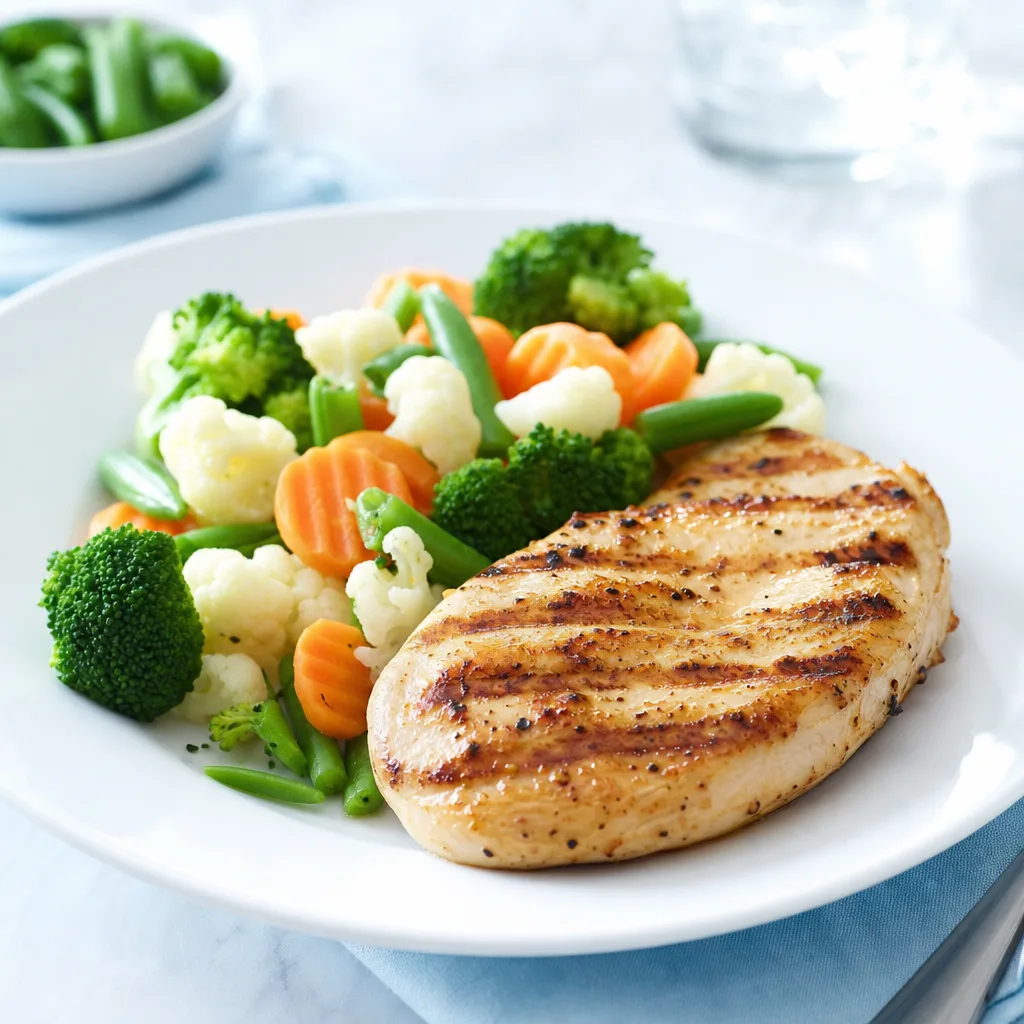 grilled chicken breast fillet on a plate with steamed vegetables, natural light