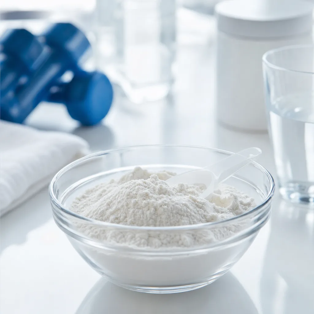 small glass bowl of white amino acid powder with a measuring spoon