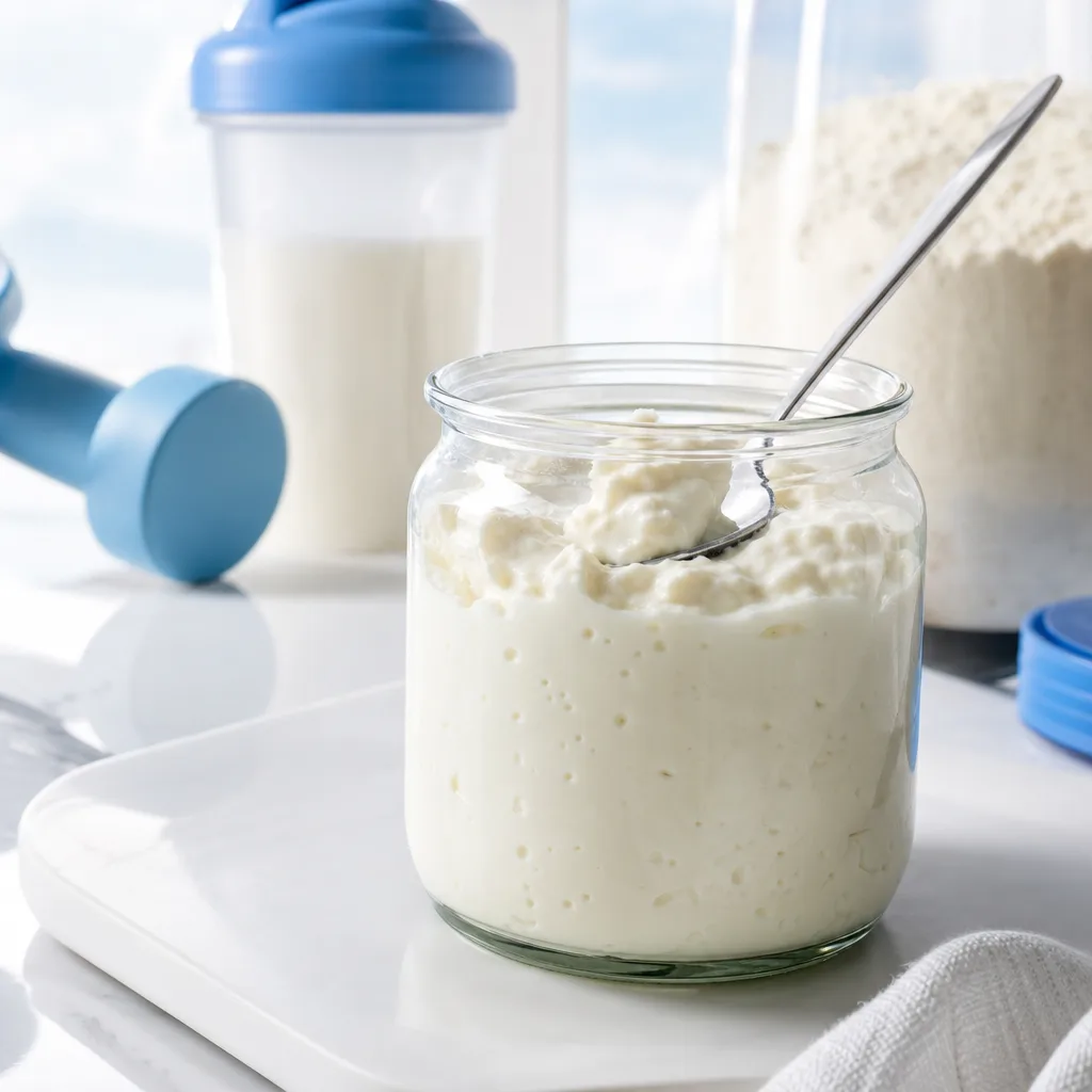 glass jar of thick creamy casein protein pudding with a spoon