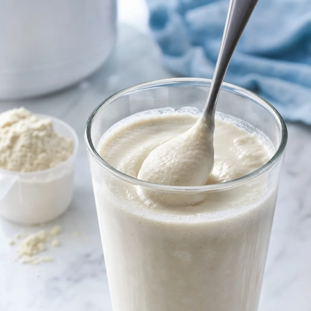 thick protein shake being stirred in a glass with a spoon, close-up