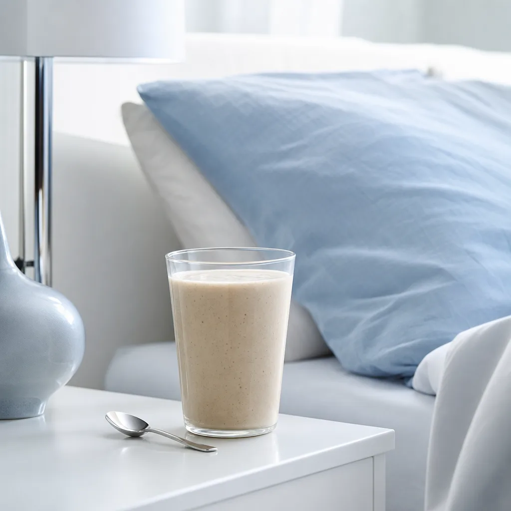 bedside table at night with a glass of thick casein shake and a small spoon